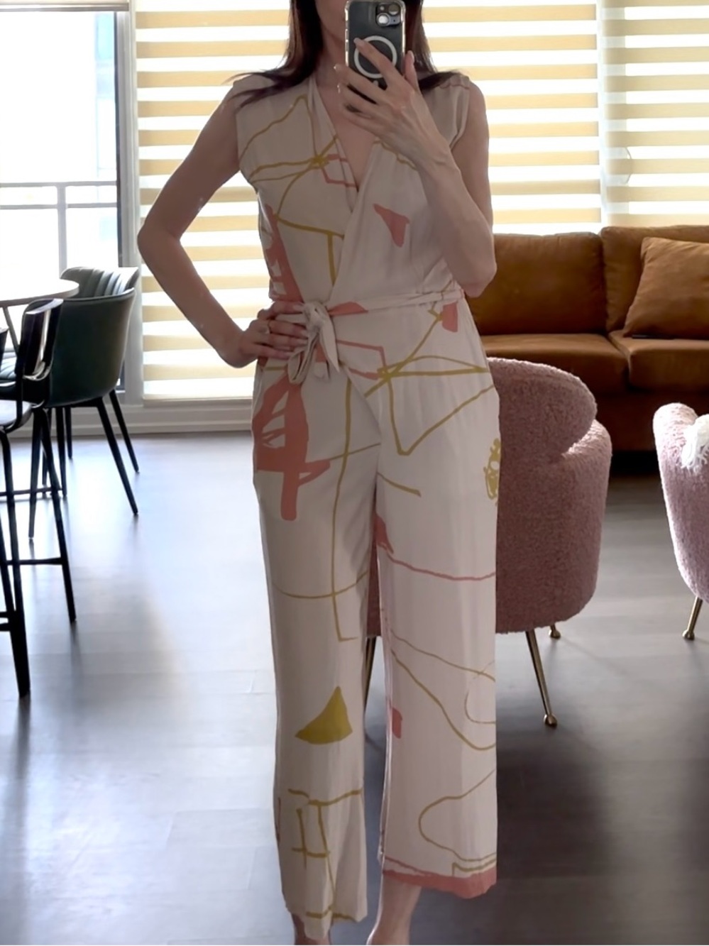 Eve Gravel Jumpsuit Beige with Pink and Mustard Abstract Accents